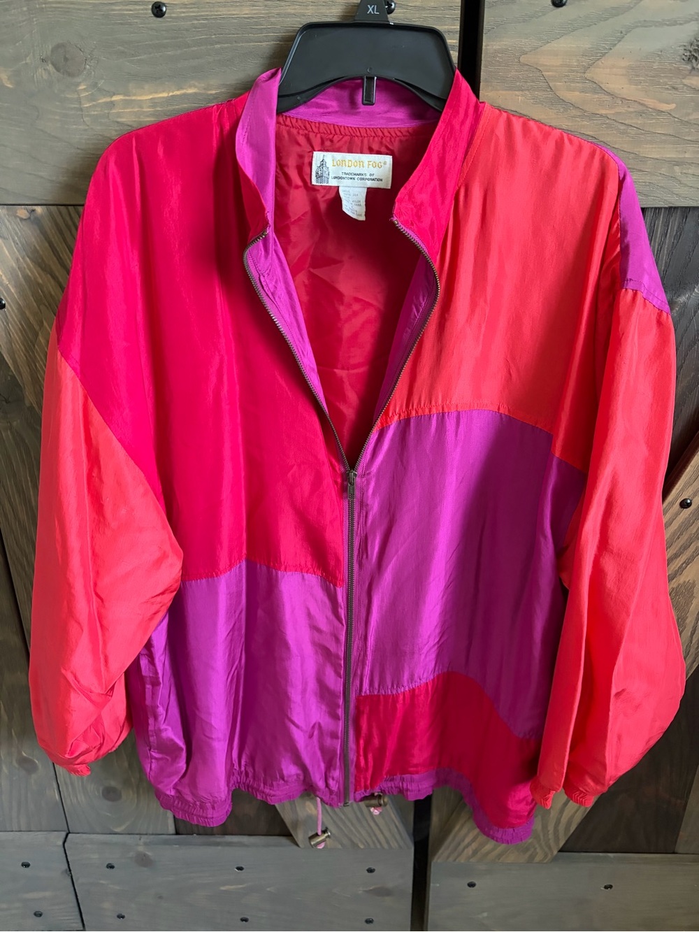 London Fog vintage Women's Colorblock Windbreaker Jacket - Pink/Red 100% silk